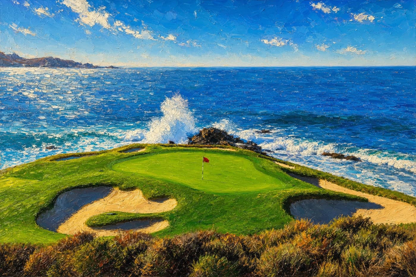 A landscape oil painting of the 7th hole at Pebble Beach in a walnut frame