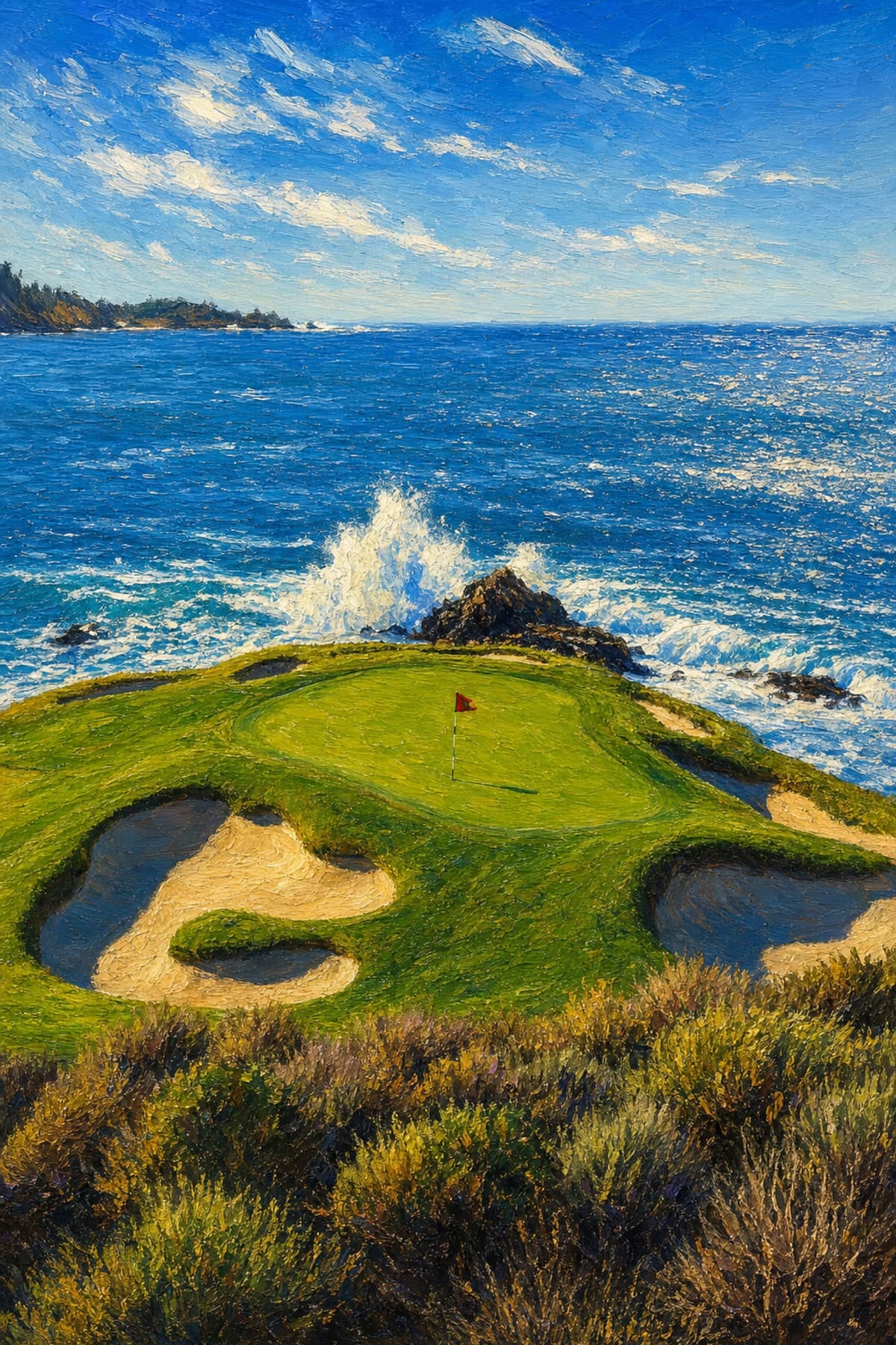 An oil painting of the 7th hole at Pebble Beach in a walnut frame