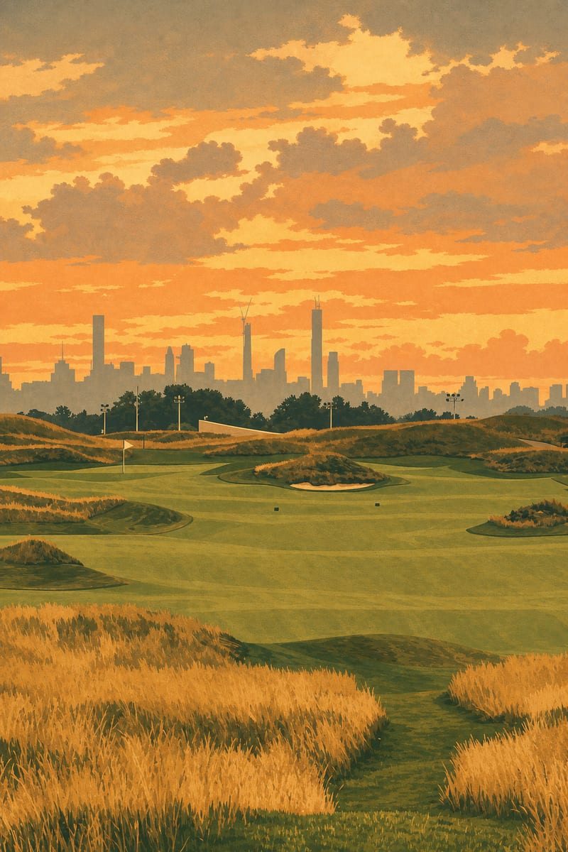 A vintage-poster painting of the 13th hole at Ferry Point at sunset
